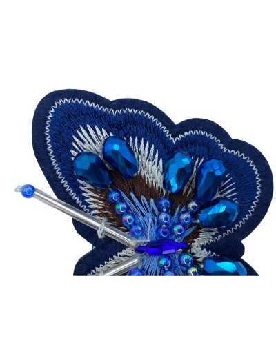 Application Tissu Bleu Broderie Fil Lurex Papillon Perles Pierres 8x7 Cm