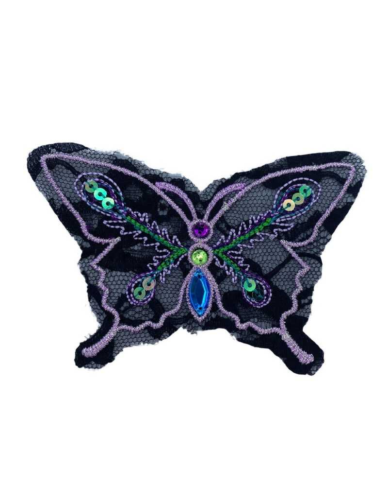 Anwendung: Schwarzer Spitzenstickfaden, Lurex, Schmetterling, Pailletten, Steine, 11 x 7 cm