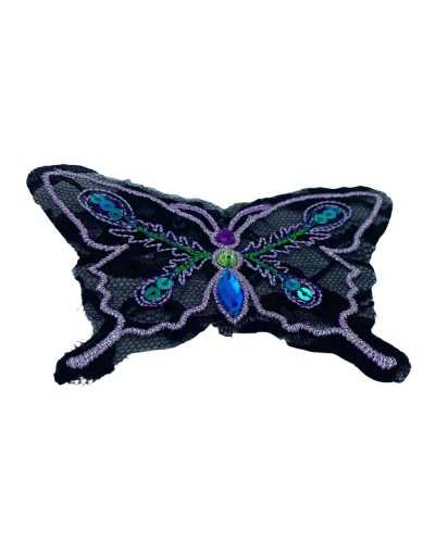 Anwendung: Schwarzer Spitzenstickfaden, Lurex, Schmetterling, Pailletten, Steine, 11 x 7 cm