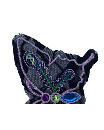Application Fil à Broder Dentelle Noir Lurex Papillon Paillettes Pierres 11x7 Cm