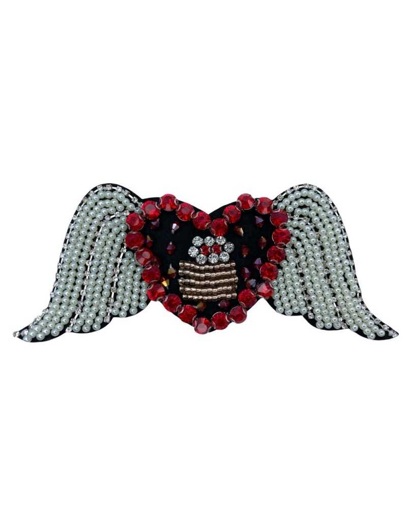 Applicazione Gioiello Toppa Patch Termoadesiva Ricamo Cuore Ali Strass Perline Sfaccettate 150x65 Mm