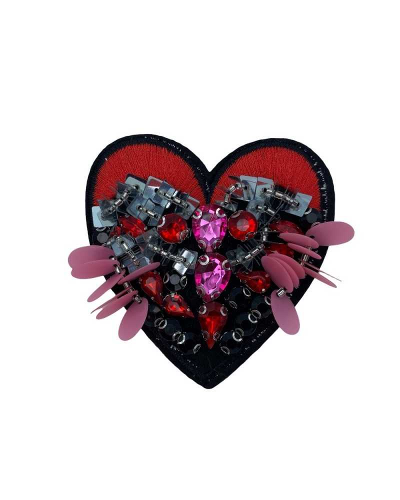 Aplicación Parche Termoadhesivo Bordado Hilo Rojo Corazón Lentejuelas Strass Fondo Negro 7 Cm