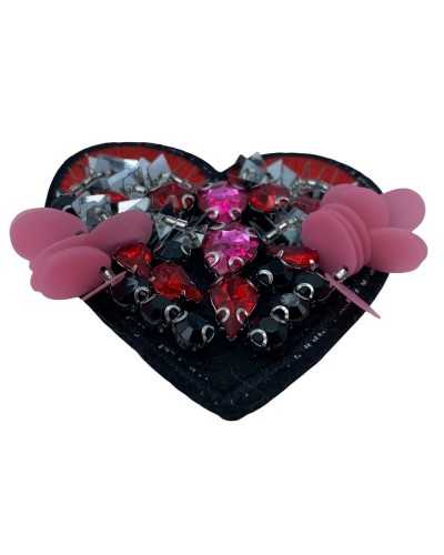 Aplicación Parche Termoadhesivo Bordado Hilo Rojo Corazón Lentejuelas Strass Fondo Negro 7 Cm
