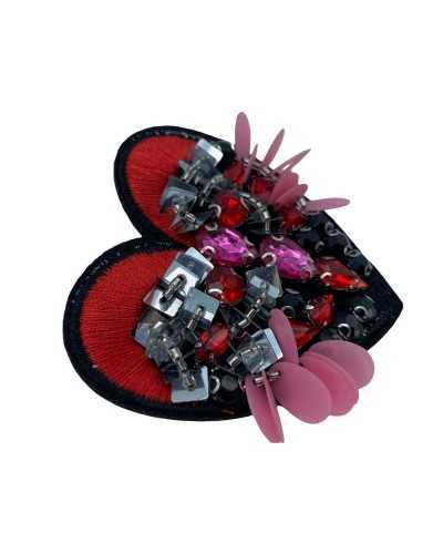 Aplicación Parche Termoadhesivo Bordado Hilo Rojo Corazón Lentejuelas Strass Fondo Negro 7 Cm