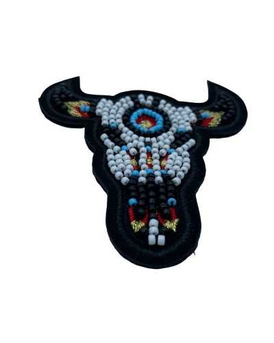 Application Écusson à Coudre Broderie Fil Lurex Buffalo Taureau Perle 9x8 Cm