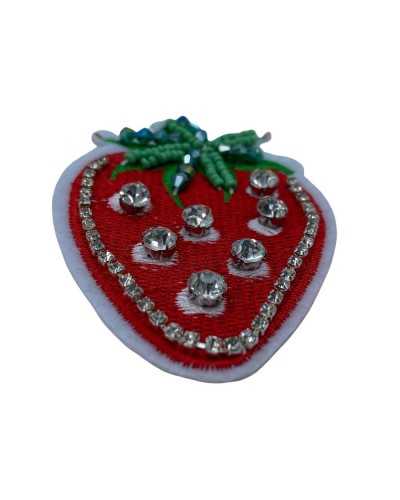 Aplicación Parche Termoadhesivo Bordado Rojo Fresa Cuentas Strass Cm 8x6