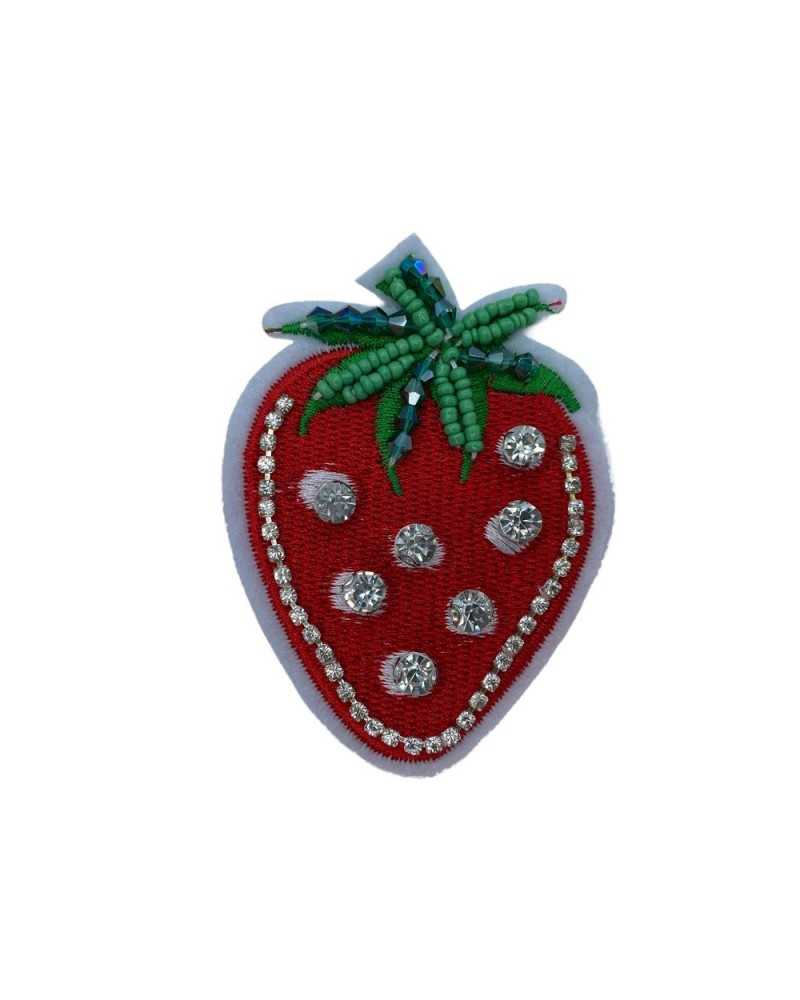 Anwendung: Aufnäher zum Aufbügeln, Erdbeerrot, Stickerei, Perlen, Strasssteine, 8 x 6 cm