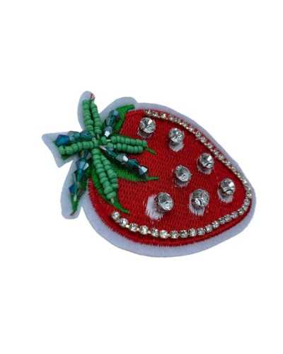 Aplicación Parche Termoadhesivo Bordado Rojo Fresa Cuentas Strass Cm 8x6