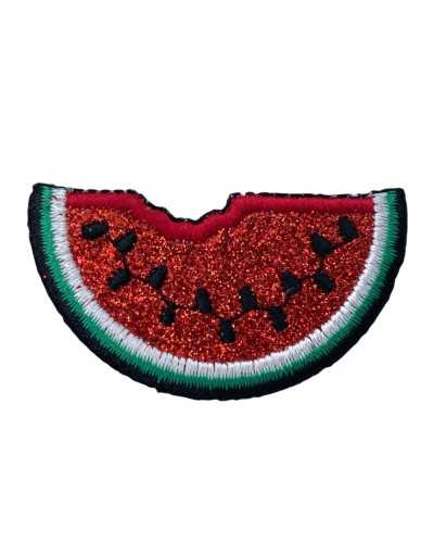 Application Iron-on Patch Fruit Lurex Thread Embroidery Watermelon Red Glitter 5x3 Cm