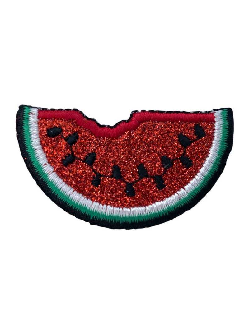 Application Iron-on Patch Fruit Lurex Thread Embroidery Watermelon Red Glitter 5x3 Cm