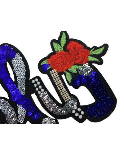 Iron-on Application Embroidery Red Rose Written Sequins Patch 19x12 Cm