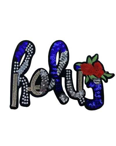Iron-on Application Embroidery Red Rose Written Sequins Patch 19x12 Cm
