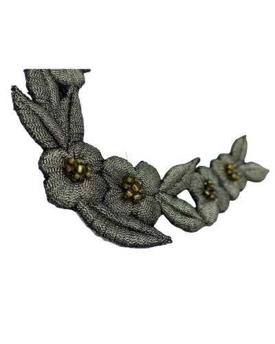 Aufnäher zum Aufbügeln, dunkelgoldenes Lurexgarn, Stickerei, Flügel, Schwalben, Blumen, Perlen
