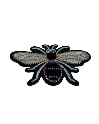 Application Iron-on Patch Bee Embroidery Metallic Thread Flying Insect Srass Velvet Beads 75x50 Mm