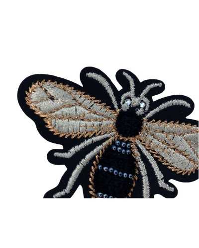 Application Iron-on Patch Bee Embroidery Metallic Thread Flying Insect Srass Velvet Beads 75x50 Mm