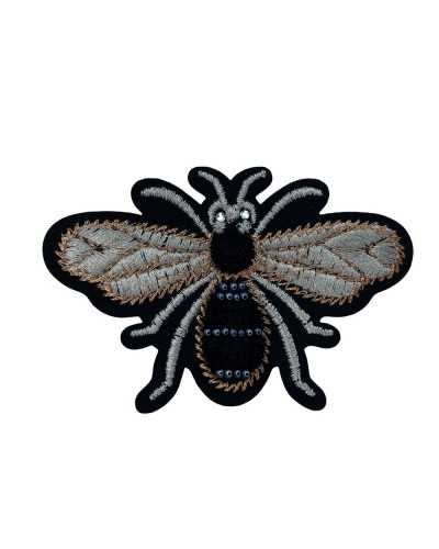 Application Iron-on Patch Bee Embroidery Metallic Thread Flying Insect Srass Velvet Beads 75x50 Mm