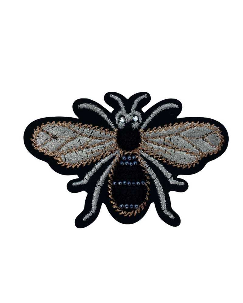 Application Écusson Thermocollant Abeille Broderie Fil Métallique Insecte Volant Srass Velours Perles 75x50 Mm