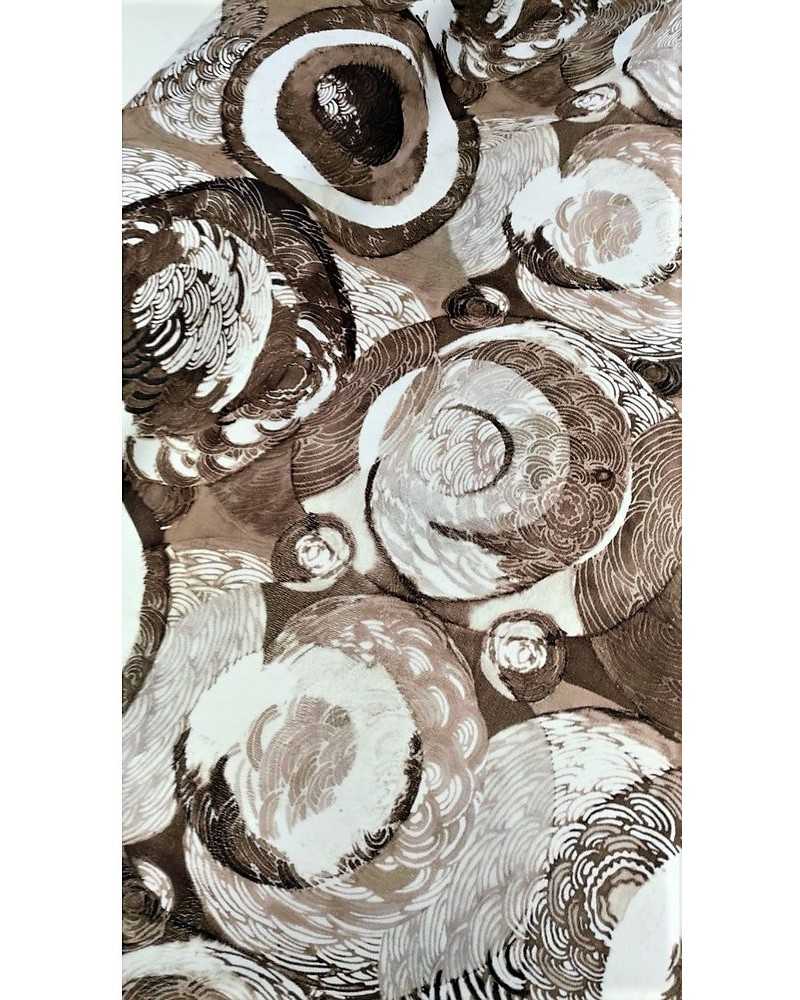 50 cm Tela terciopelo dralón estampado con diseño de círculos base blanca marrón barro 140 cm alto