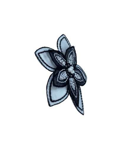 Application Patch Fleur Broderie Perles Satin Blanc Noir 6x6 Cm