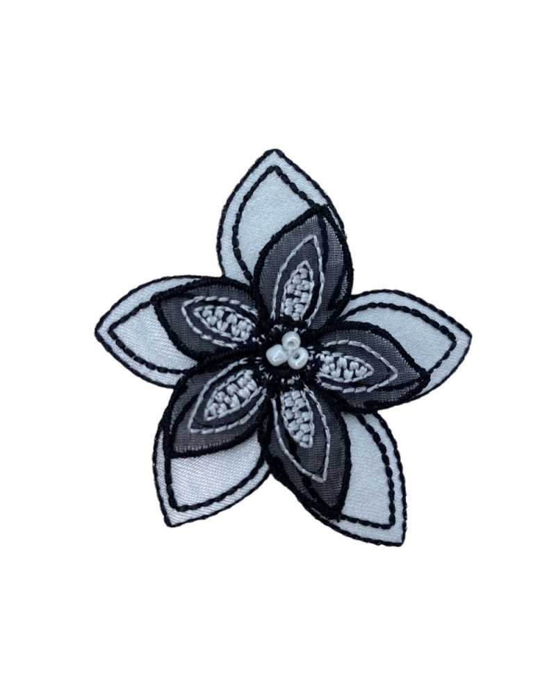 Application Patch Fleur Broderie Perles Satin Blanc Noir 6x6 Cm