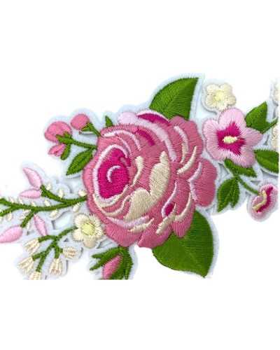 Application Thermoadhésive Broderie Branche Roses Fleurs Feuilles 15x7 Cm