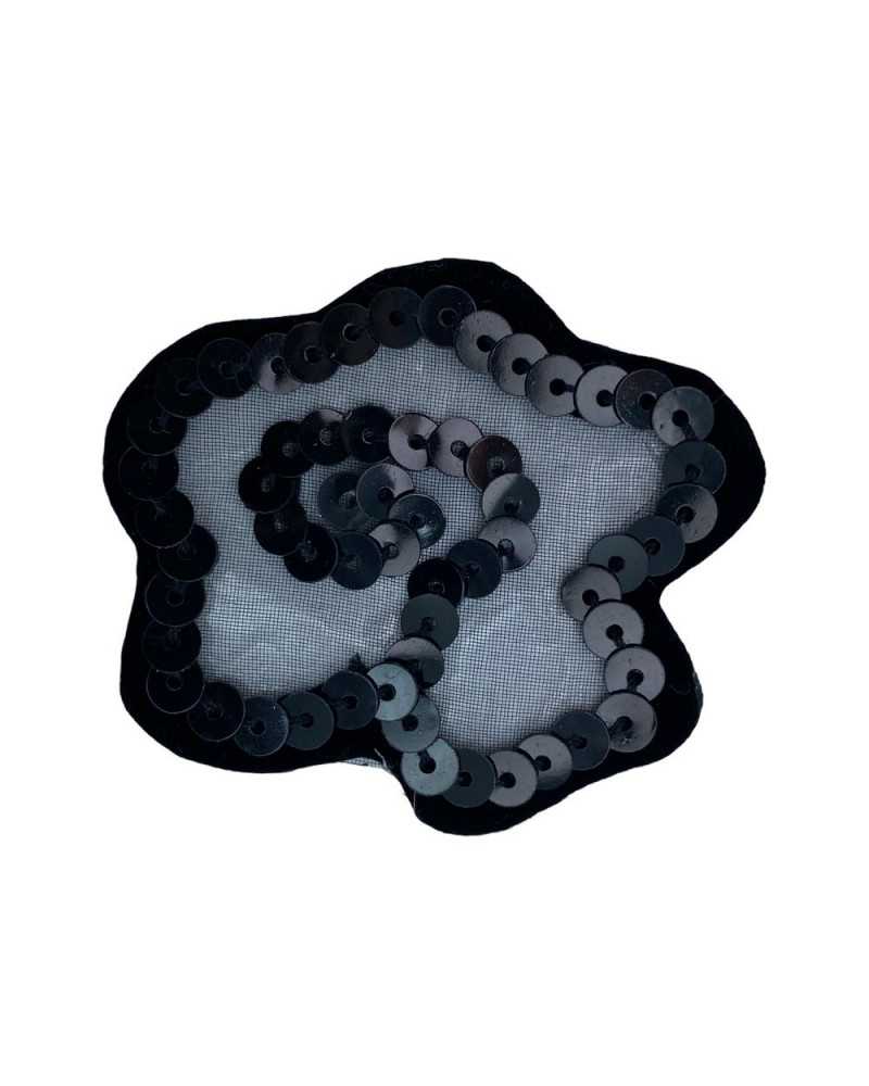 Aplicación Termoadhesiva Flor Lentejuela Hilo Terciopelo Negro Base Organza 4 Cm