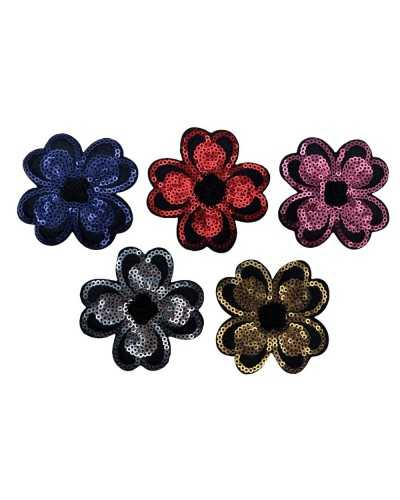 Applicazione Patch Termoadesiva Base Nero Ricamo Fiore Paillettes 7,5 Cm