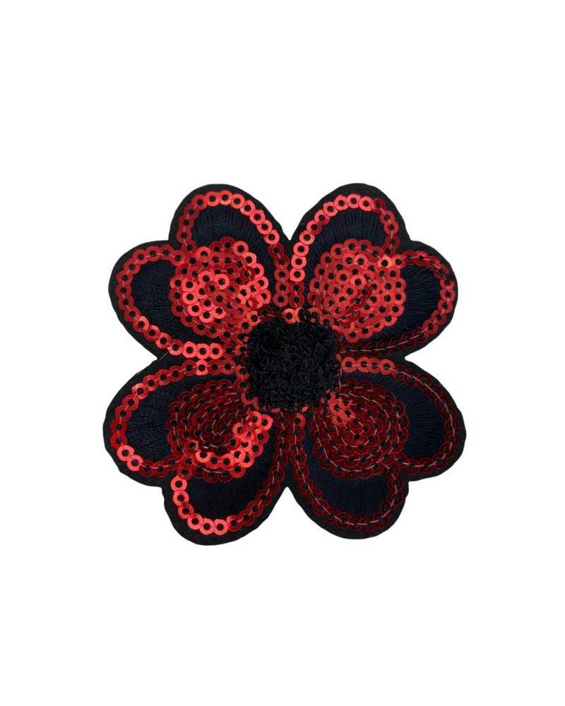 Application Ecusson Thermocollant Base Noire Broderie Fleur Paillettes 7,5 Cm