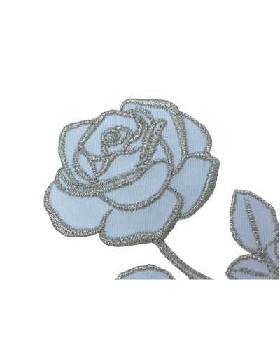 Ecusson Thermocollant Application Rose Blanche Tige Broderie Argent 10x7 Cm
