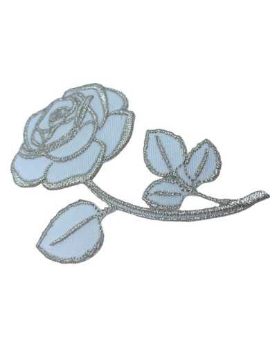 Ecusson Thermocollant Application Rose Blanche Tige Broderie Argent 10x7 Cm