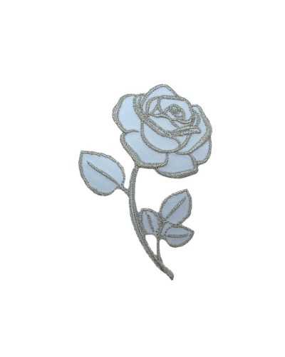 Ecusson Thermocollant Application Rose Blanche Tige Broderie Argent 10x7 Cm