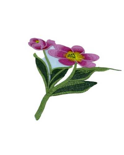 Aufnäher mit rosafarbener Blumenstickerei zum Aufnähen, Basis aus Organza mit glänzendem Garn, 23 x 18 cm