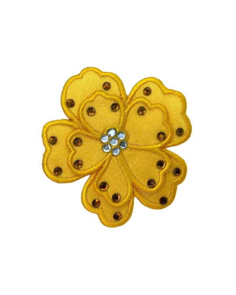 Applicazione Termoadesiva Patch Fiore Ricamo Raso Strass 5,5 Cm