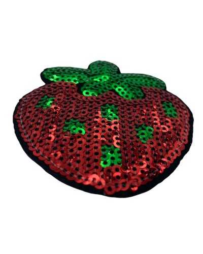 Aplicación Termoadhesivo Parche Bordado Lentejuela Fresa Roja 6 Cm