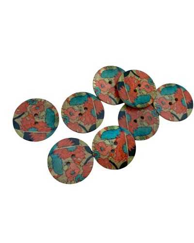Bouton Plat 2 Trous Noix De Coco Imprimé Fleurs 28 Mm