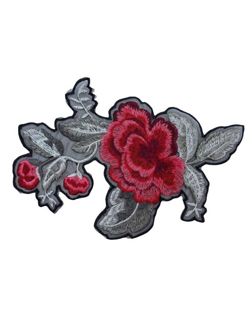 Application Ecusson Thermocollant Broderie Fleur Rouge Feuille Grise Fil Brillant Base Organza 20x12 Cm