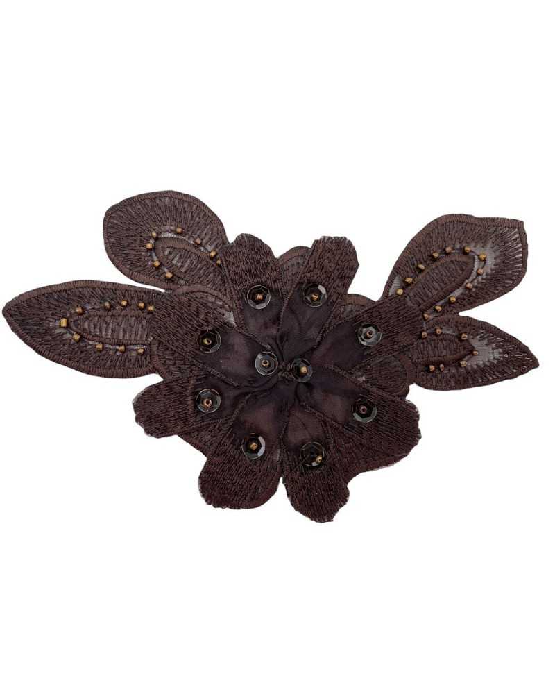 Application Ecusson Thermocollant Broderie Fleur Paillettes Base Perles Organza 15x9 Cm