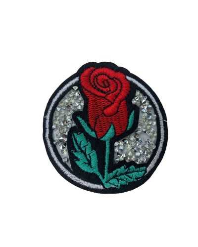 Application Iron-on Patch Embroidery Red Rose Stem Round Silver Conical Rhinestones 7x7 Cm