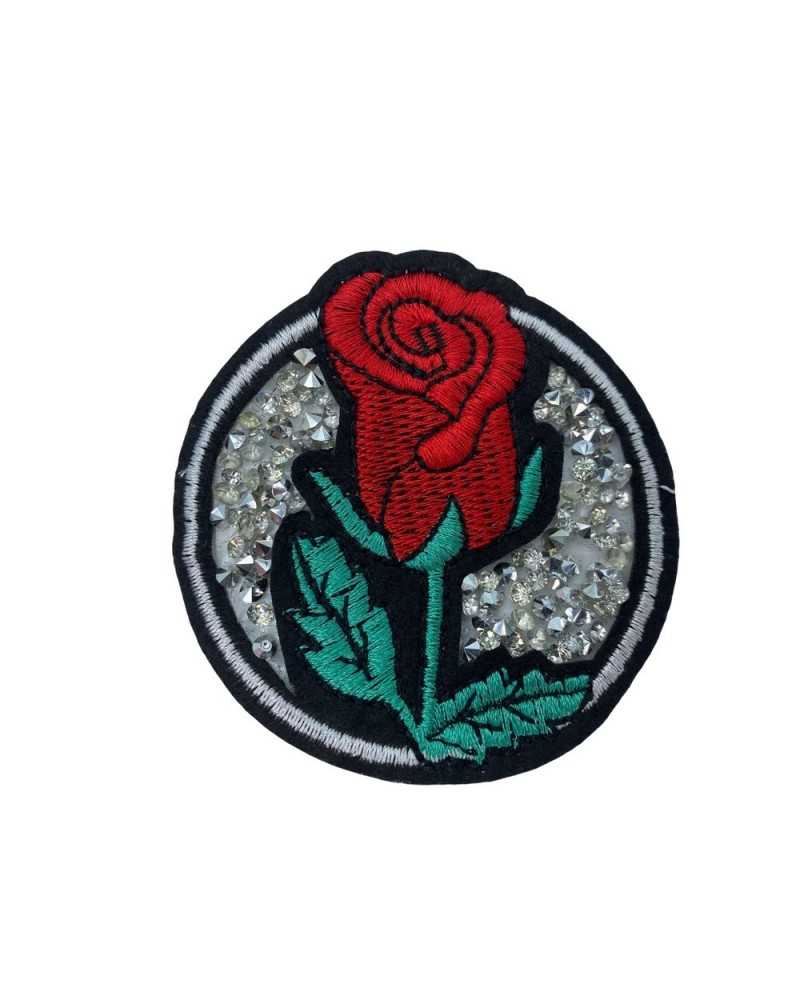 Anwendung Aufnäher zum Aufbügeln, Stickerei, roter Rosenstiel, rund, silberfarben, konisch, Strasssteine, 7 x 7 cm