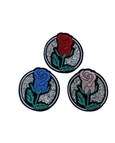 Application Iron-on Patch Embroidery Red Rose Stem Round Silver Conical Rhinestones 7x7 Cm