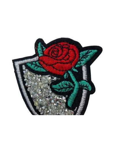 Aplicación Parche Termoadhesivo Escudo Bordado Rosa Rojo Plata Strass Cónico 65x80 Mm