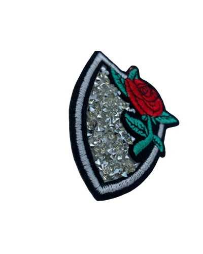 Application Écusson Thermocollant Broderie Rose Rouge Argent Strass Conique 65x80 Mm