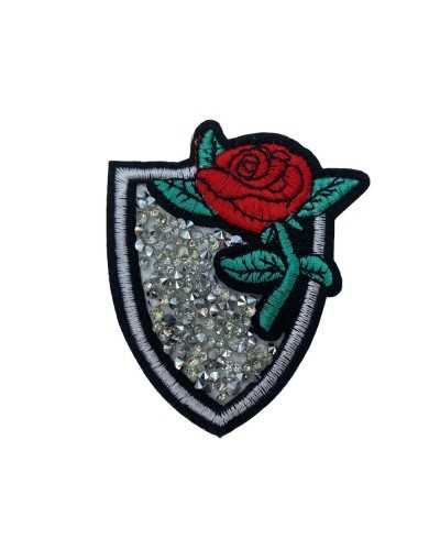 Aplicación Parche Termoadhesivo Escudo Bordado Rosa Rojo Plata Strass Cónico 65x80 Mm