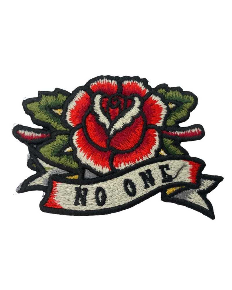 Applikations-Patch, Aufbügler, Stickerei, Blumenaufschrift „No One“, 9 x 6 cm