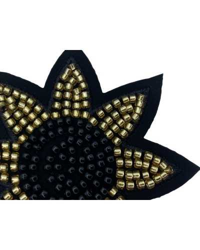 Application Ecusson Thermocollant Fleur Perles Cousues Noir Or 75 Mm