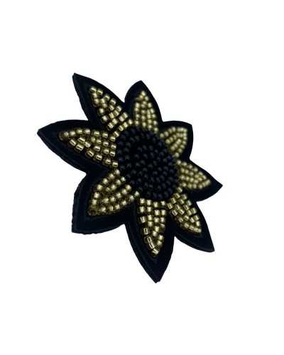 Application Ecusson Thermocollant Fleur Perles Cousues Noir Or 75 Mm