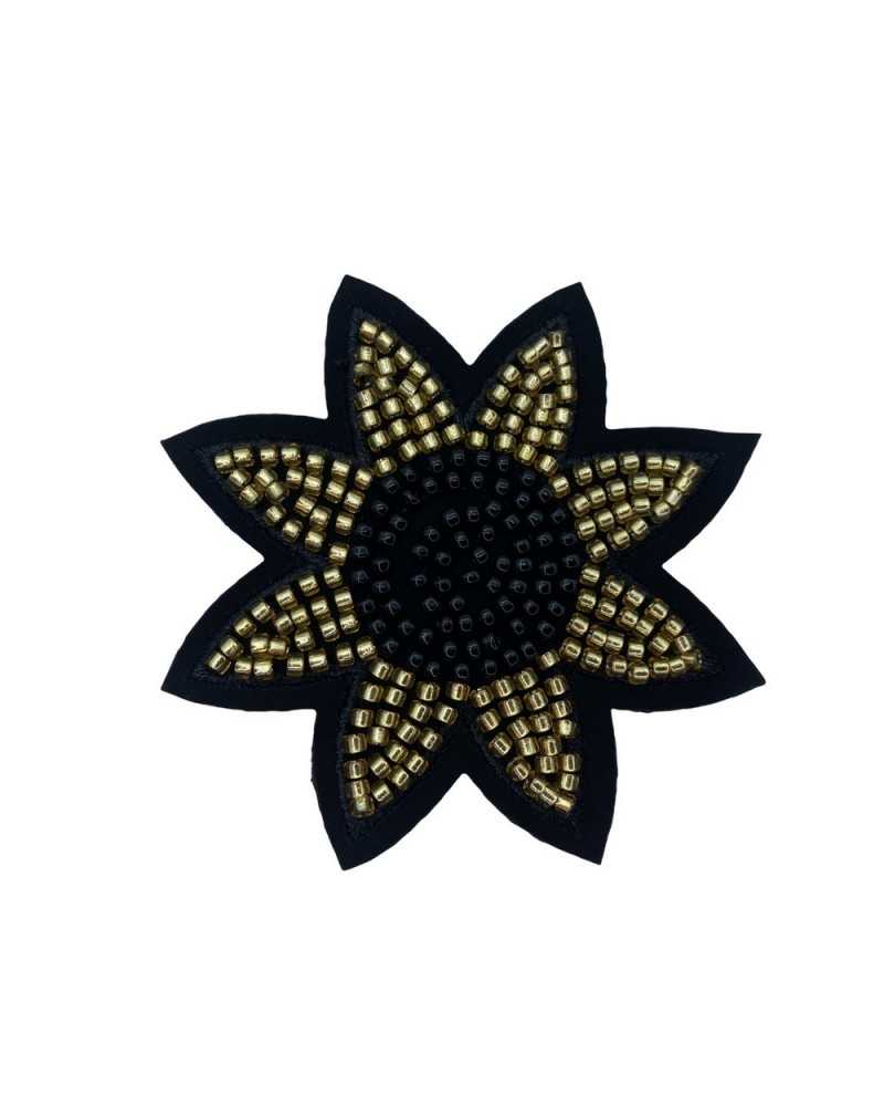 Application Ecusson Thermocollant Fleur Perles Cousues Noir Or 75 Mm