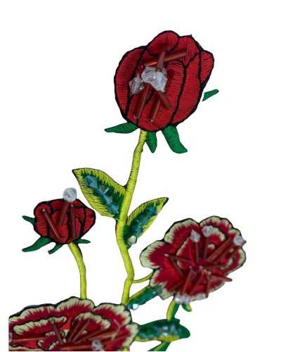 Applicazione Termoadesiva Patch Ricamo Fiore Rosso Perline Pietre Filo Lucido Bocciolo 19x13 Cm