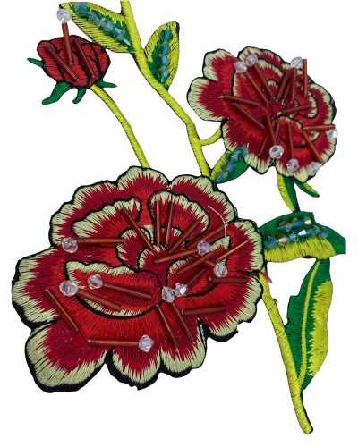 Applicazione Termoadesiva Patch Ricamo Fiore Rosso Perline Pietre Filo Lucido Bocciolo 19x13 Cm