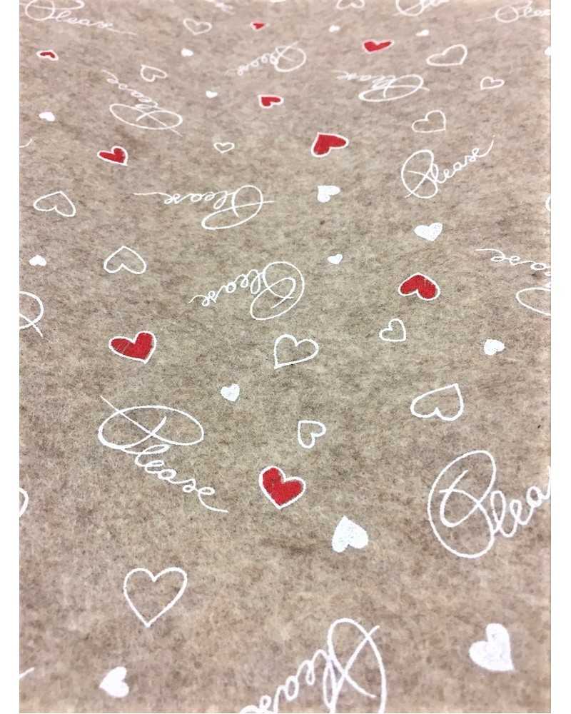 50 cm Tela lenci estampado navideño corazones rojos escrito favor paloma fondo gris 90 cm alto
